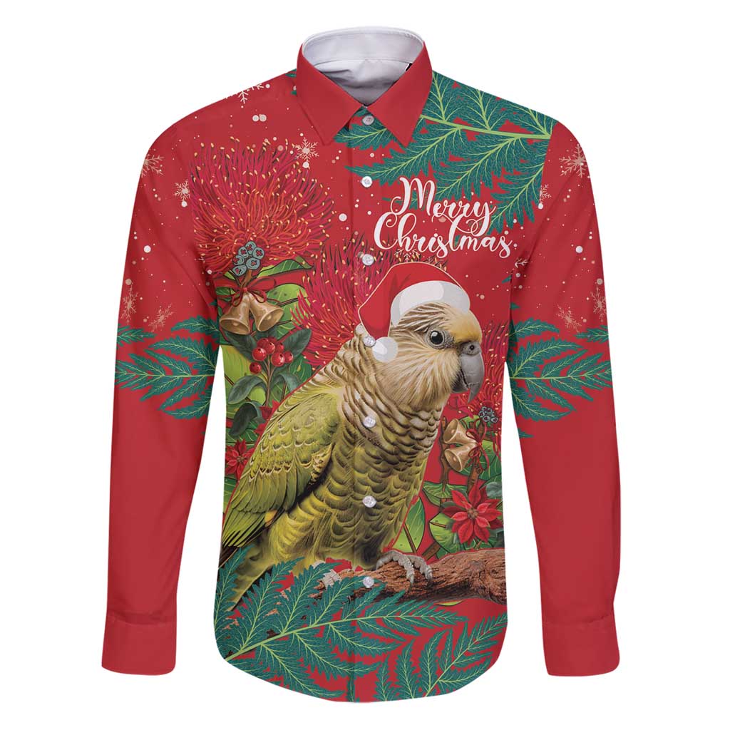 Personalised New Zealand Kakapo Christmas Family Matching Puletasi and Hawaiian Shirt Meri Kirihimete Silver Fern Mix Pohutukawa LT14 Dad's Shirt - Long Sleeve Red - Polynesian Pride