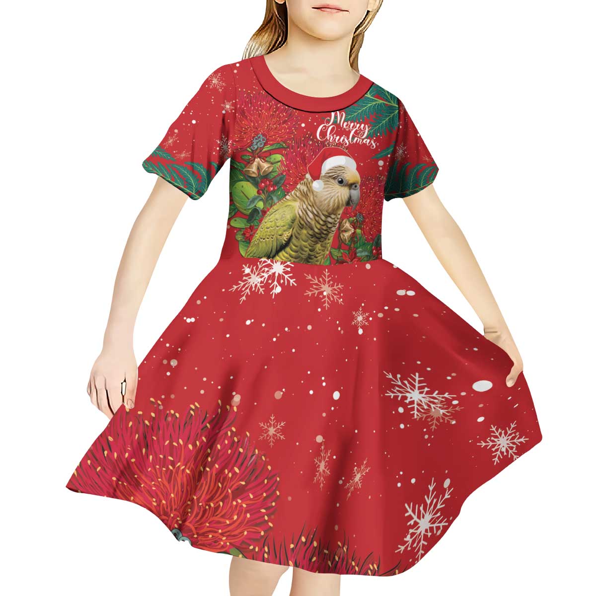 Personalised New Zealand Kakapo Christmas Kid Short Sleeve Dress Meri Kirihimete Silver Fern Mix Pohutukawa LT14 - Polynesian Pride