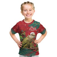 Personalised New Zealand Kakapo Christmas Kid T Shirt Meri Kirihimete Silver Fern Mix Pohutukawa LT14 Red - Polynesian Pride