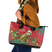 Personalised New Zealand Kakapo Christmas Leather Tote Bag Meri Kirihimete Silver Fern Mix Pohutukawa LT14 Red - Polynesian Pride