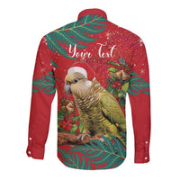 Personalised New Zealand Kakapo Christmas Long Sleeve Button Shirt Meri Kirihimete Silver Fern Mix Pohutukawa LT14 - Polynesian Pride