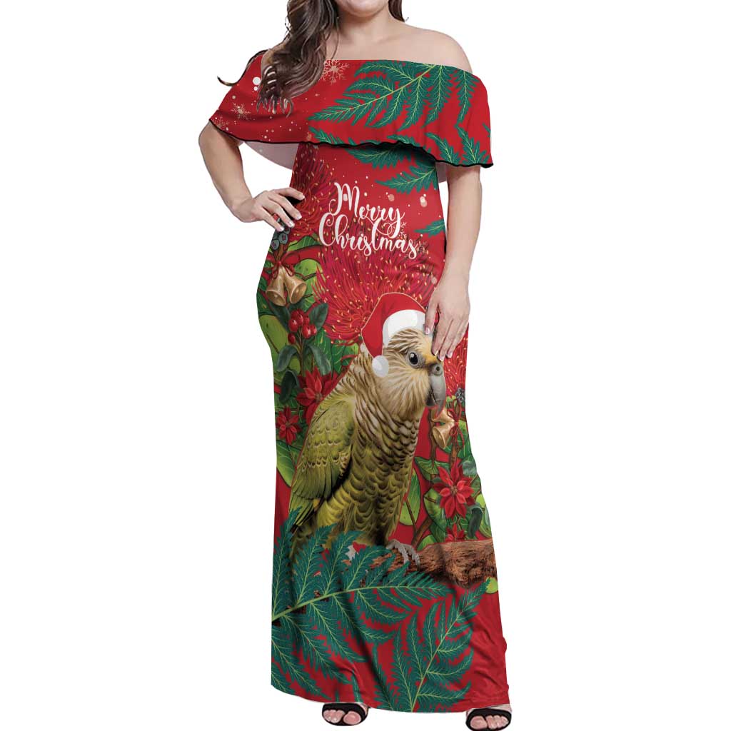 Personalised New Zealand Kakapo Christmas Off Shoulder Maxi Dress Meri Kirihimete Silver Fern Mix Pohutukawa LT14 Women Red - Polynesian Pride