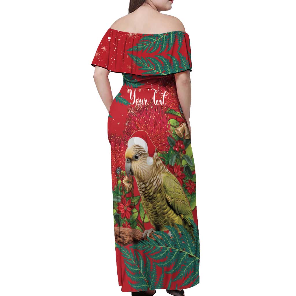 Personalised New Zealand Kakapo Christmas Off Shoulder Maxi Dress Meri Kirihimete Silver Fern Mix Pohutukawa LT14 - Polynesian Pride
