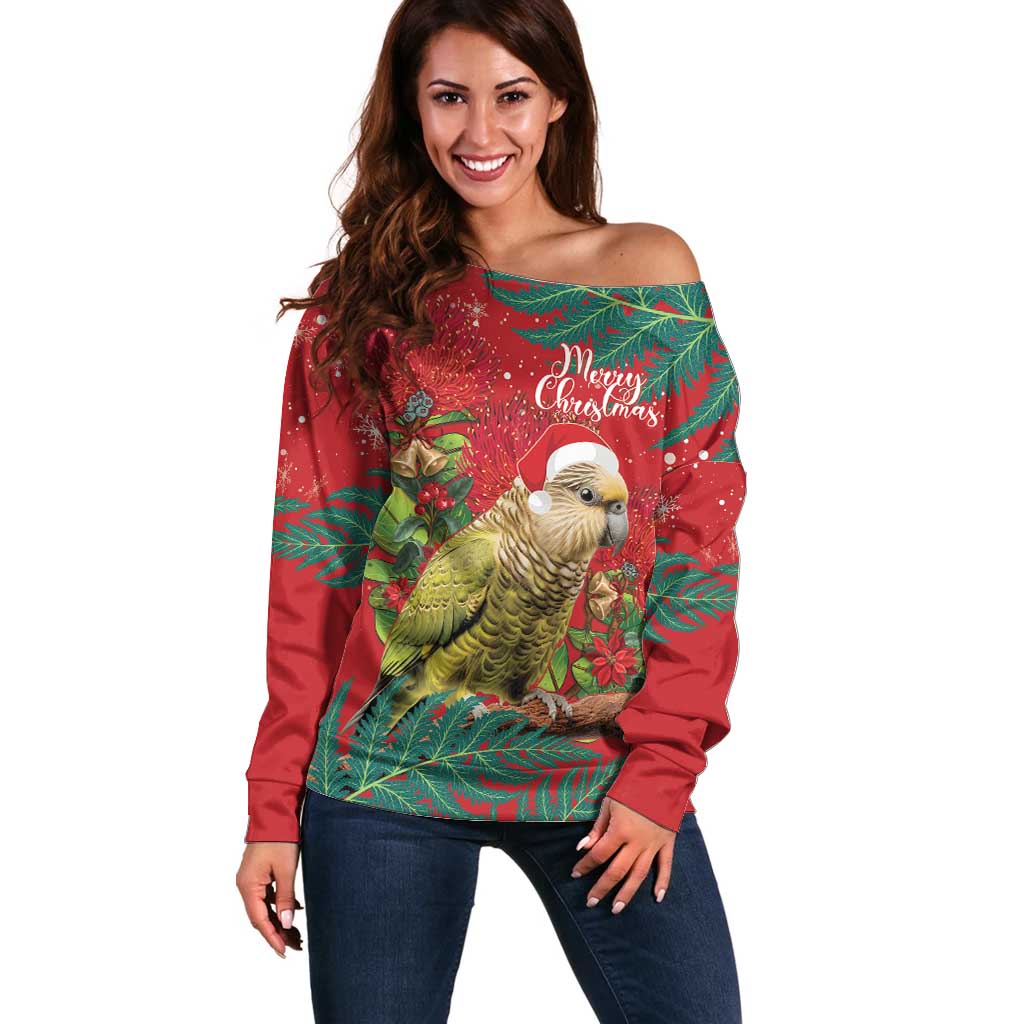 Personalised New Zealand Kakapo Christmas Off Shoulder Sweater Meri Kirihimete Silver Fern Mix Pohutukawa LT14 Women Red - Polynesian Pride