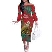 Personalised New Zealand Kakapo Christmas Off The Shoulder Long Sleeve Dress Meri Kirihimete Silver Fern Mix Pohutukawa LT14 Women Red - Polynesian Pride