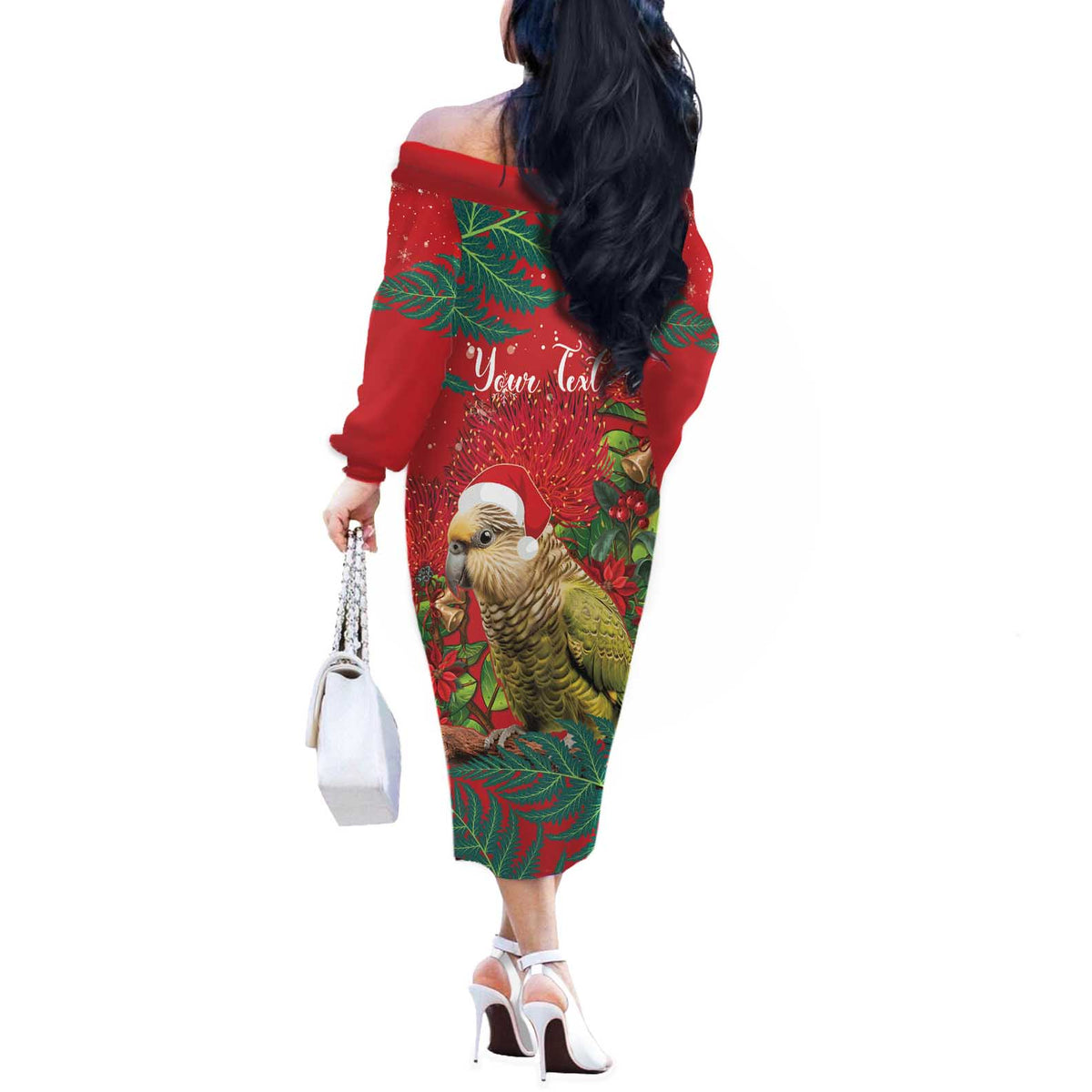 Personalised New Zealand Kakapo Christmas Off The Shoulder Long Sleeve Dress Meri Kirihimete Silver Fern Mix Pohutukawa LT14 - Polynesian Pride