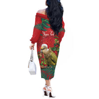 Personalised New Zealand Kakapo Christmas Off The Shoulder Long Sleeve Dress Meri Kirihimete Silver Fern Mix Pohutukawa LT14 - Polynesian Pride