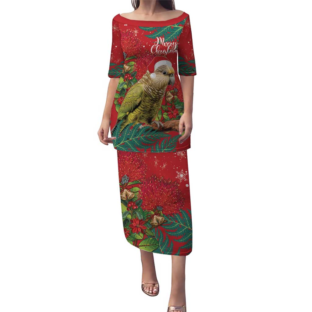 Personalised New Zealand Kakapo Christmas Puletasi Meri Kirihimete Silver Fern Mix Pohutukawa LT14 Long Dress Red - Polynesian Pride