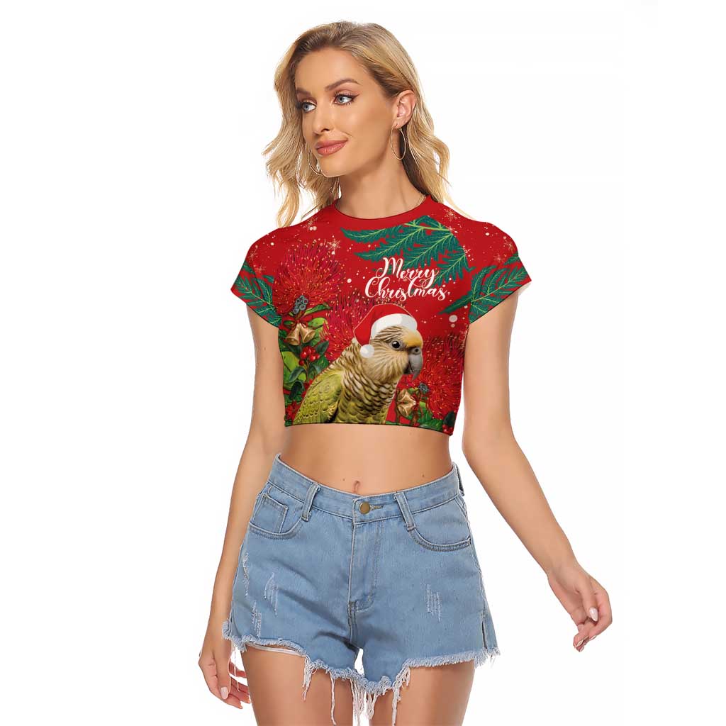 Personalised New Zealand Kakapo Christmas Raglan Cropped T Shirt Meri Kirihimete Silver Fern Mix Pohutukawa LT14 Female Red - Polynesian Pride