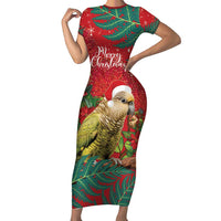Personalised New Zealand Kakapo Christmas Short Sleeve Bodycon Dress Meri Kirihimete Silver Fern Mix Pohutukawa LT14 Long Dress Red - Polynesian Pride