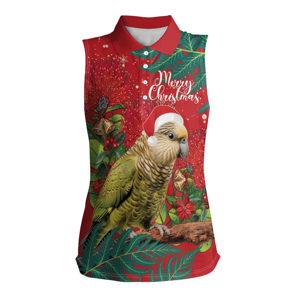 Personalised New Zealand Kakapo Christmas Women Sleeveless Polo Shirt Meri Kirihimete Silver Fern Mix Pohutukawa LT14 Female Red - Polynesian Pride