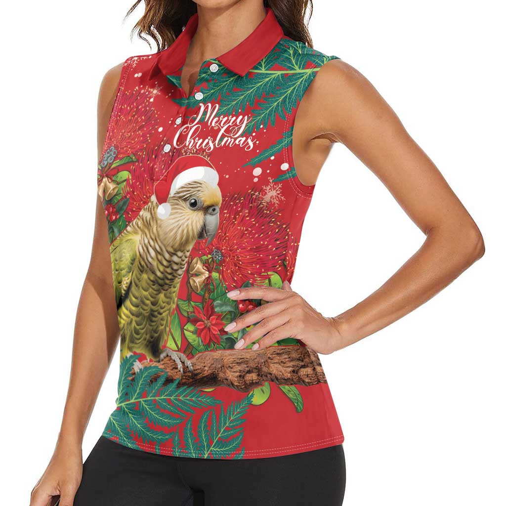 Personalised New Zealand Kakapo Christmas Women Sleeveless Polo Shirt Meri Kirihimete Silver Fern Mix Pohutukawa LT14 - Polynesian Pride