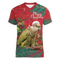 Personalised New Zealand Kakapo Christmas Women V-Neck T-Shirt Meri Kirihimete Silver Fern Mix Pohutukawa LT14 Female Red - Polynesian Pride