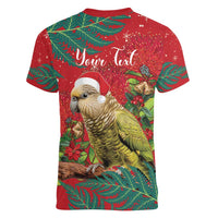 Personalised New Zealand Kakapo Christmas Women V-Neck T-Shirt Meri Kirihimete Silver Fern Mix Pohutukawa LT14 - Polynesian Pride
