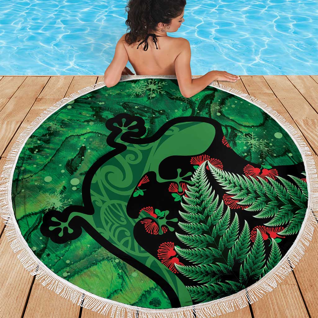 New Zealand Gecko Christmas Beach Blanket Meri Kirihimete Paua Shell Mix Pohutukawa LT14 - Polynesian Pride