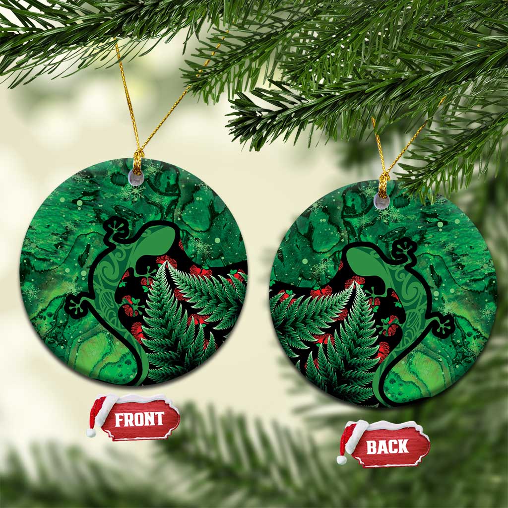 New Zealand Gecko Christmas Ceramic Ornament Meri Kirihimete Paua Shell Mix Pohutukawa LT14 Circle Green - Polynesian Pride