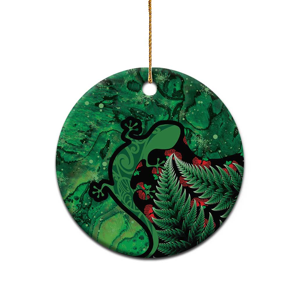 New Zealand Gecko Christmas Ceramic Ornament Meri Kirihimete Paua Shell Mix Pohutukawa LT14 - Polynesian Pride