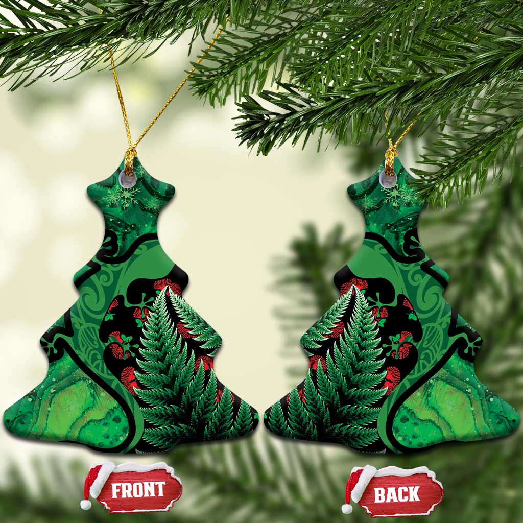 New Zealand Gecko Christmas Ceramic Ornament Meri Kirihimete Paua Shell Mix Pohutukawa LT14 Christmas Tree Green - Polynesian Pride