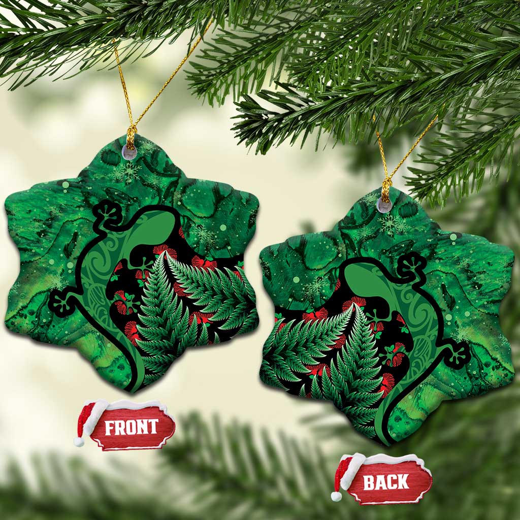 New Zealand Gecko Christmas Ceramic Ornament Meri Kirihimete Paua Shell Mix Pohutukawa LT14 Snow Flake Green - Polynesian Pride
