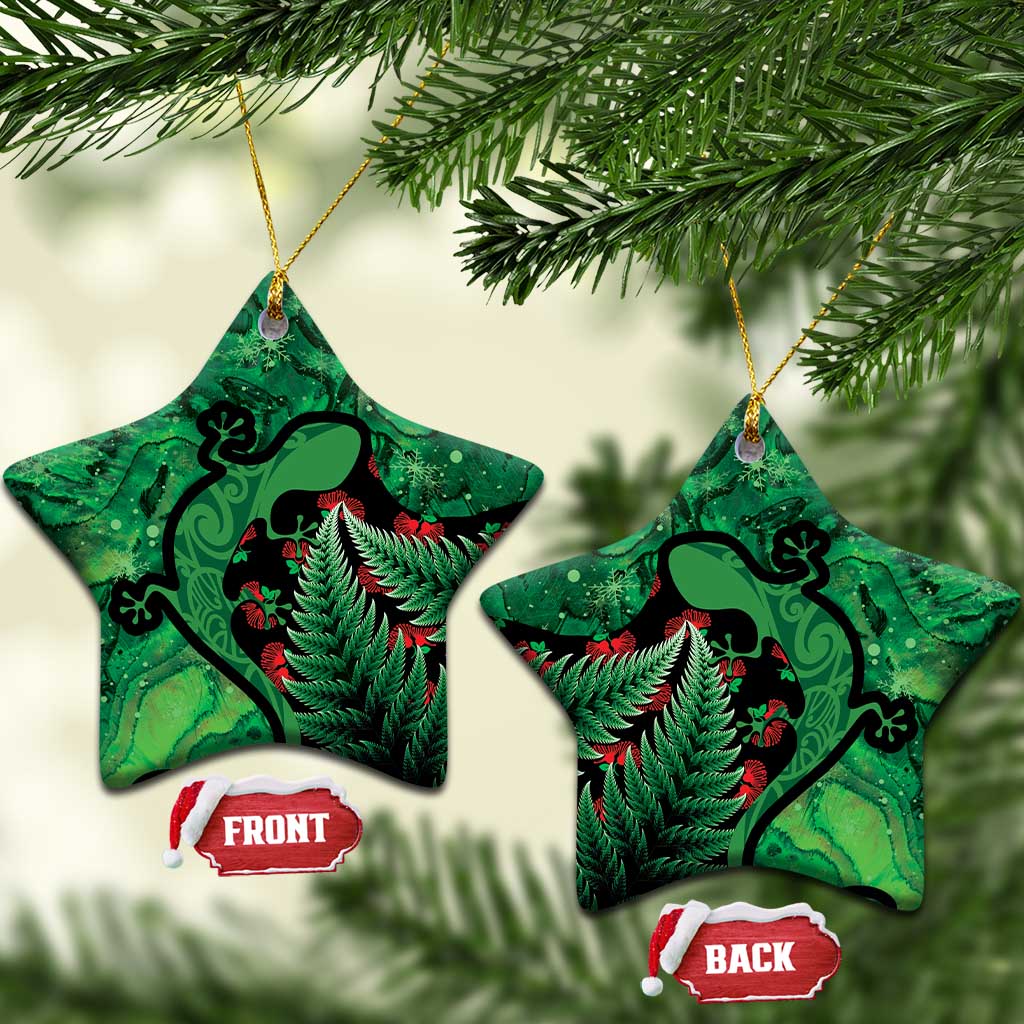 New Zealand Gecko Christmas Ceramic Ornament Meri Kirihimete Paua Shell Mix Pohutukawa LT14 Star Green - Polynesian Pride