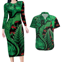 New Zealand Gecko Christmas Couples Matching Long Sleeve Bodycon Dress and Hawaiian Shirt Meri Kirihimete Paua Shell Mix Pohutukawa LT14 Green - Polynesian Pride