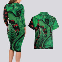 New Zealand Gecko Christmas Couples Matching Long Sleeve Bodycon Dress and Hawaiian Shirt Meri Kirihimete Paua Shell Mix Pohutukawa LT14 - Polynesian Pride