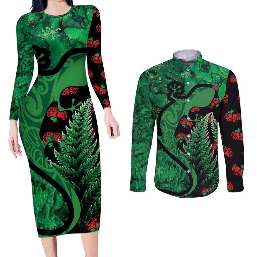 New Zealand Gecko Christmas Couples Matching Long Sleeve Bodycon Dress and Long Sleeve Button Shirt Meri Kirihimete Paua Shell Mix Pohutukawa LT14 Green - Polynesian Pride