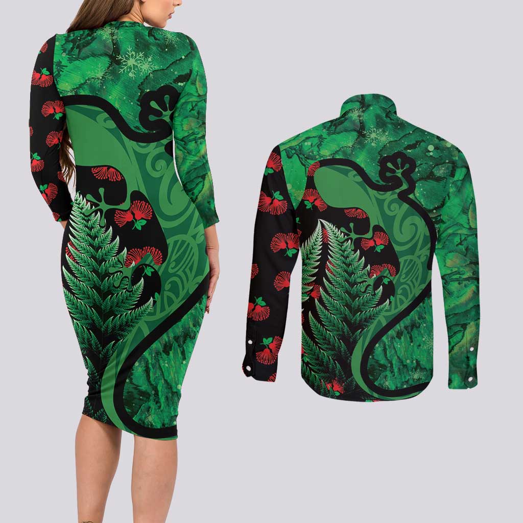 New Zealand Gecko Christmas Couples Matching Long Sleeve Bodycon Dress and Long Sleeve Button Shirt Meri Kirihimete Paua Shell Mix Pohutukawa LT14 - Polynesian Pride