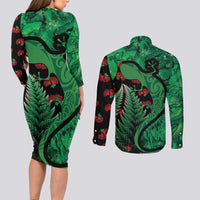New Zealand Gecko Christmas Couples Matching Long Sleeve Bodycon Dress and Long Sleeve Button Shirt Meri Kirihimete Paua Shell Mix Pohutukawa LT14 - Polynesian Pride