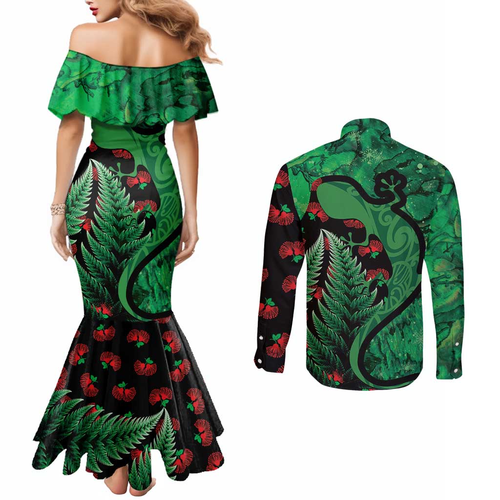 New Zealand Gecko Christmas Couples Matching Mermaid Dress and Long Sleeve Button Shirt Meri Kirihimete Paua Shell Mix Pohutukawa LT14 - Polynesian Pride