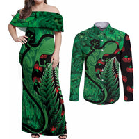 New Zealand Gecko Christmas Couples Matching Off Shoulder Maxi Dress and Long Sleeve Button Shirt Meri Kirihimete Paua Shell Mix Pohutukawa LT14 Green - Polynesian Pride