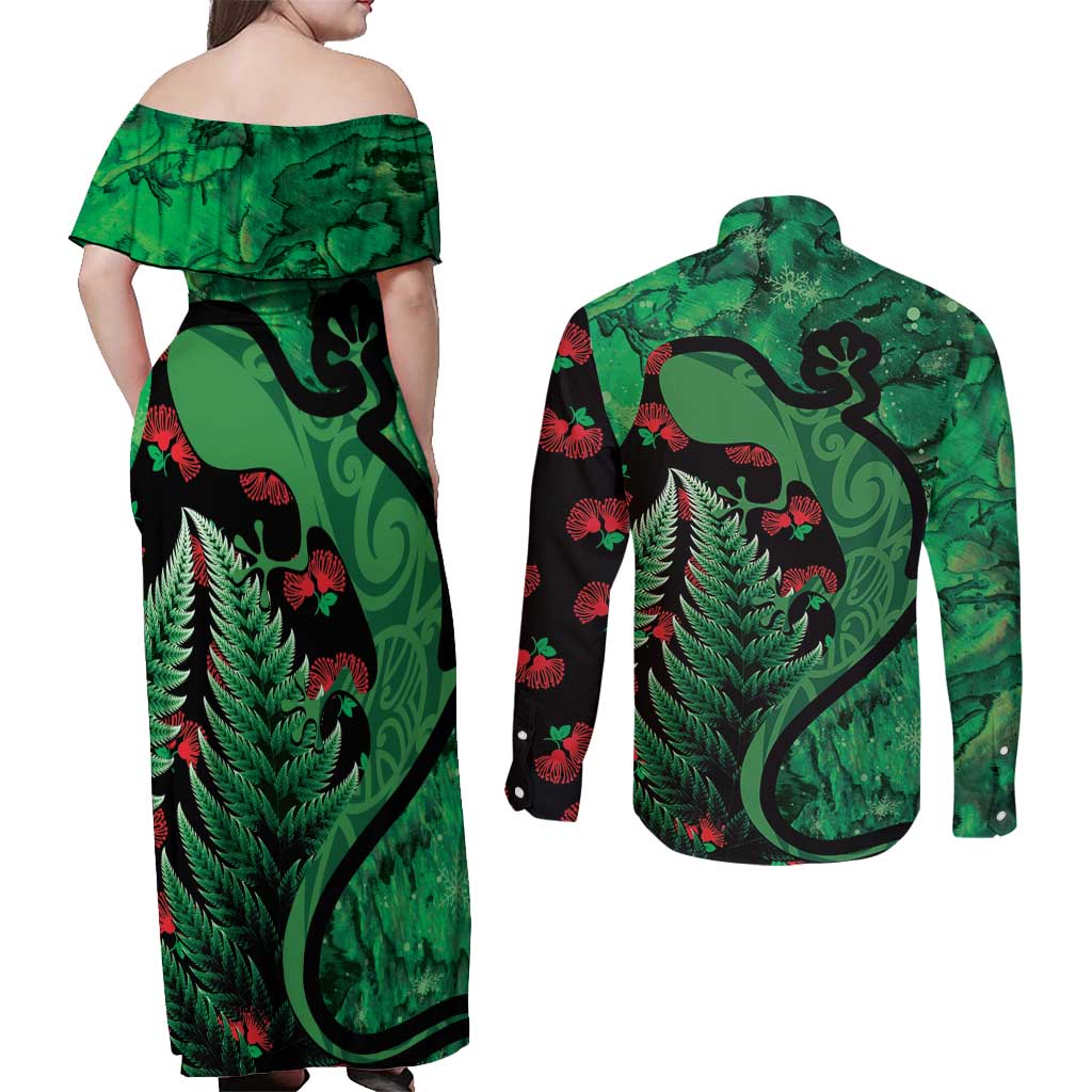New Zealand Gecko Christmas Couples Matching Off Shoulder Maxi Dress and Long Sleeve Button Shirt Meri Kirihimete Paua Shell Mix Pohutukawa LT14 - Polynesian Pride