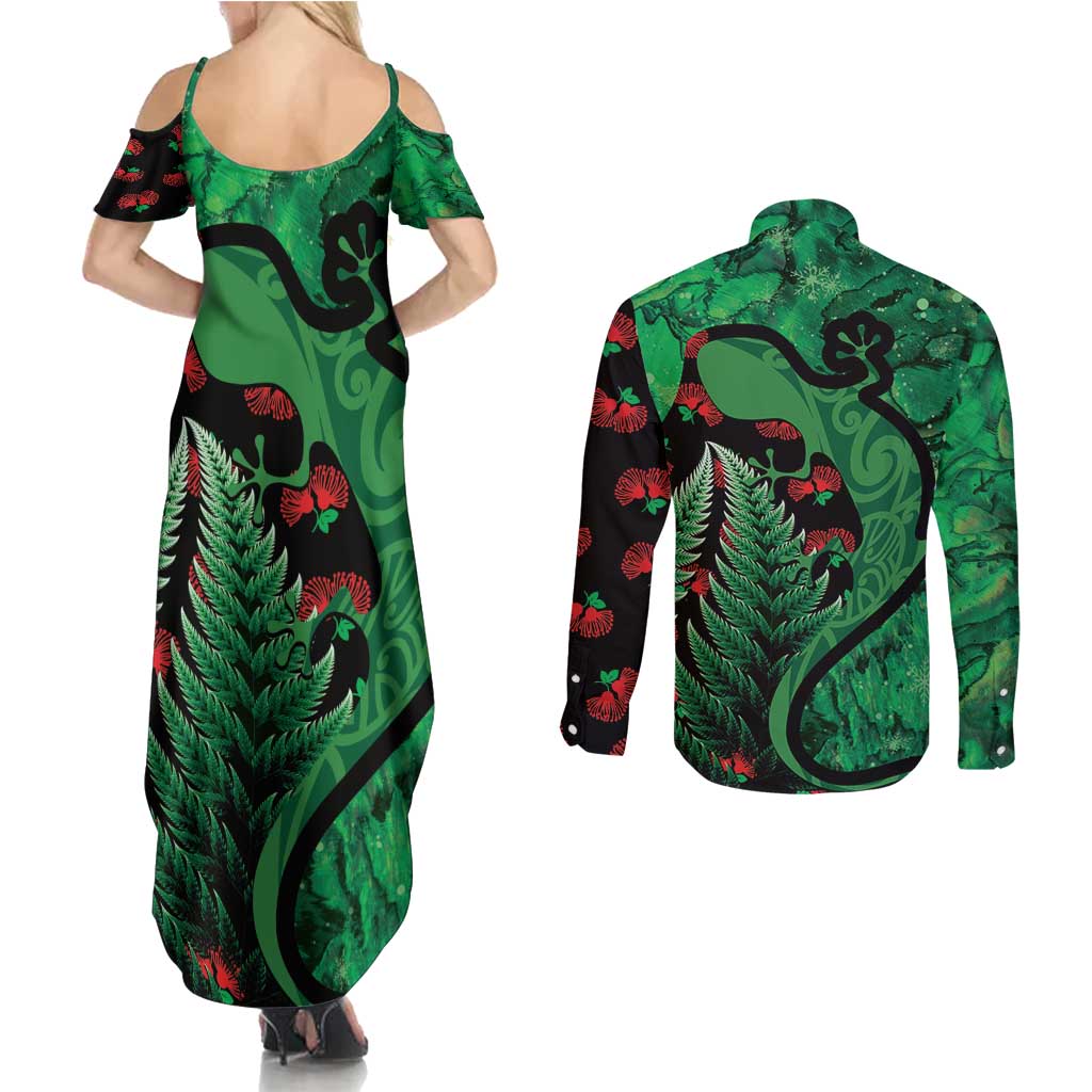 New Zealand Gecko Christmas Couples Matching Summer Maxi Dress and Long Sleeve Button Shirt Meri Kirihimete Paua Shell Mix Pohutukawa LT14 - Polynesian Pride