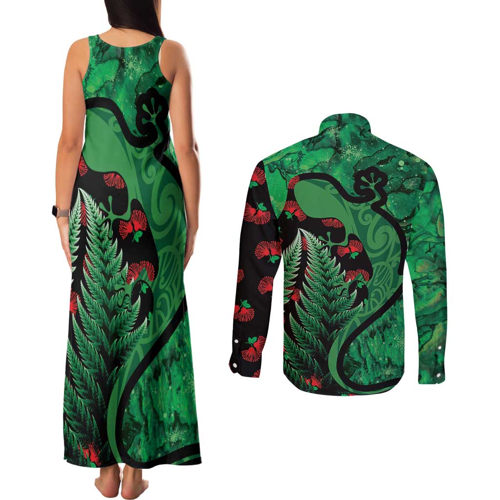 New Zealand Gecko Christmas Couples Matching Tank Maxi Dress and Long Sleeve Button Shirt Meri Kirihimete Paua Shell Mix Pohutukawa LT14 - Polynesian Pride