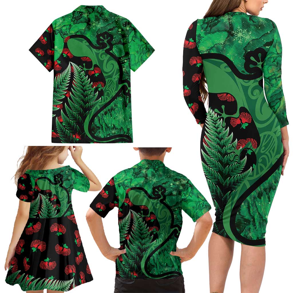 New Zealand Gecko Christmas Family Matching Long Sleeve Bodycon Dress and Hawaiian Shirt Meri Kirihimete Paua Shell Mix Pohutukawa LT14 - Polynesian Pride