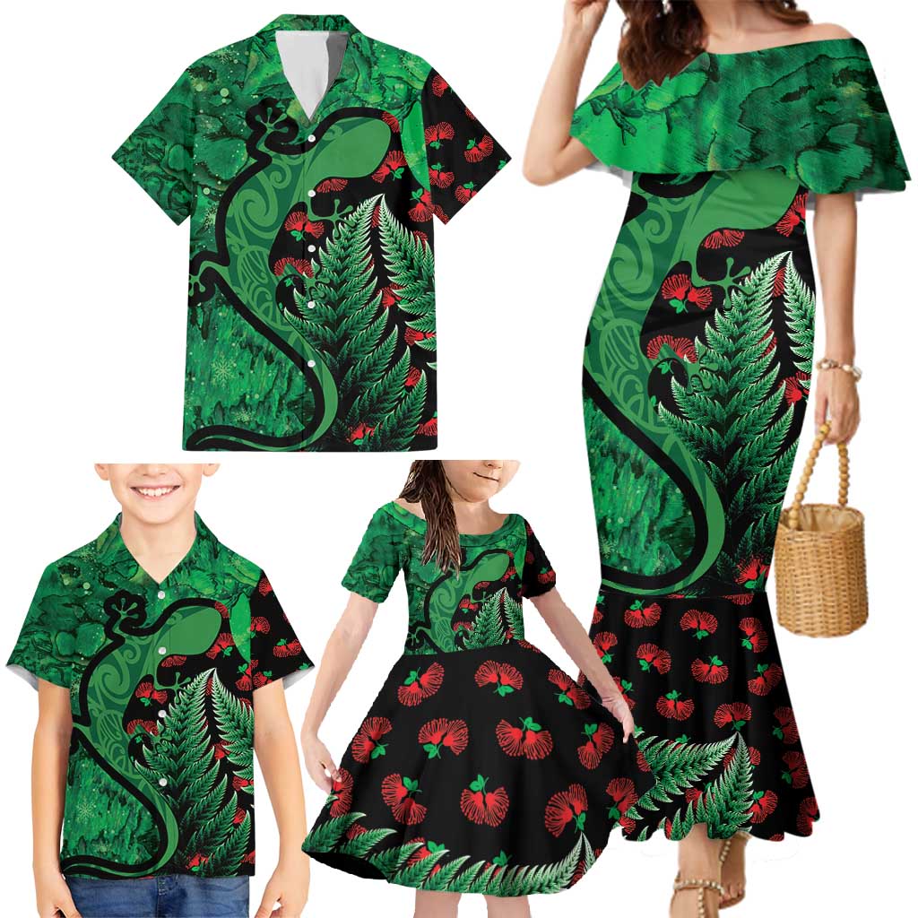 New Zealand Gecko Christmas Family Matching Mermaid Dress and Hawaiian Shirt Meri Kirihimete Paua Shell Mix Pohutukawa LT14 - Polynesian Pride
