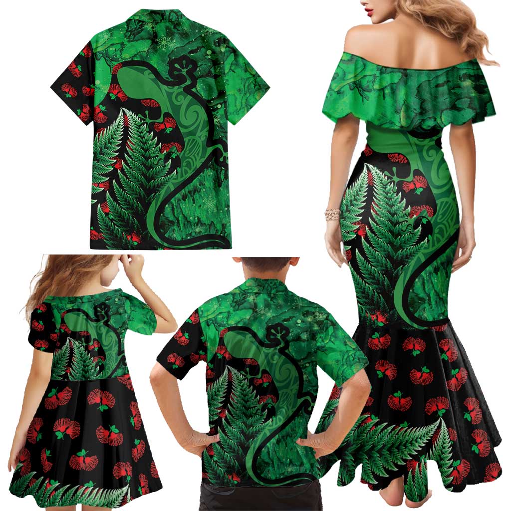 New Zealand Gecko Christmas Family Matching Mermaid Dress and Hawaiian Shirt Meri Kirihimete Paua Shell Mix Pohutukawa LT14 - Polynesian Pride