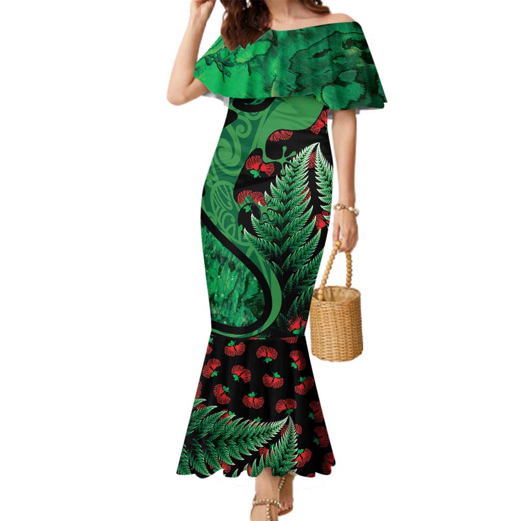 New Zealand Gecko Christmas Family Matching Mermaid Dress and Hawaiian Shirt Meri Kirihimete Paua Shell Mix Pohutukawa LT14 Mom's Dress Green - Polynesian Pride
