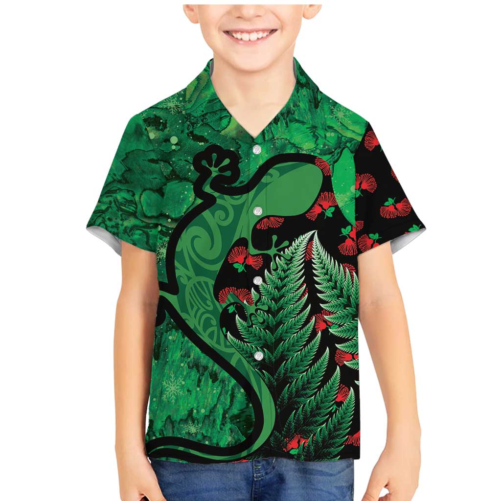 New Zealand Gecko Christmas Family Matching Mermaid Dress and Hawaiian Shirt Meri Kirihimete Paua Shell Mix Pohutukawa LT14 Son's Shirt Green - Polynesian Pride