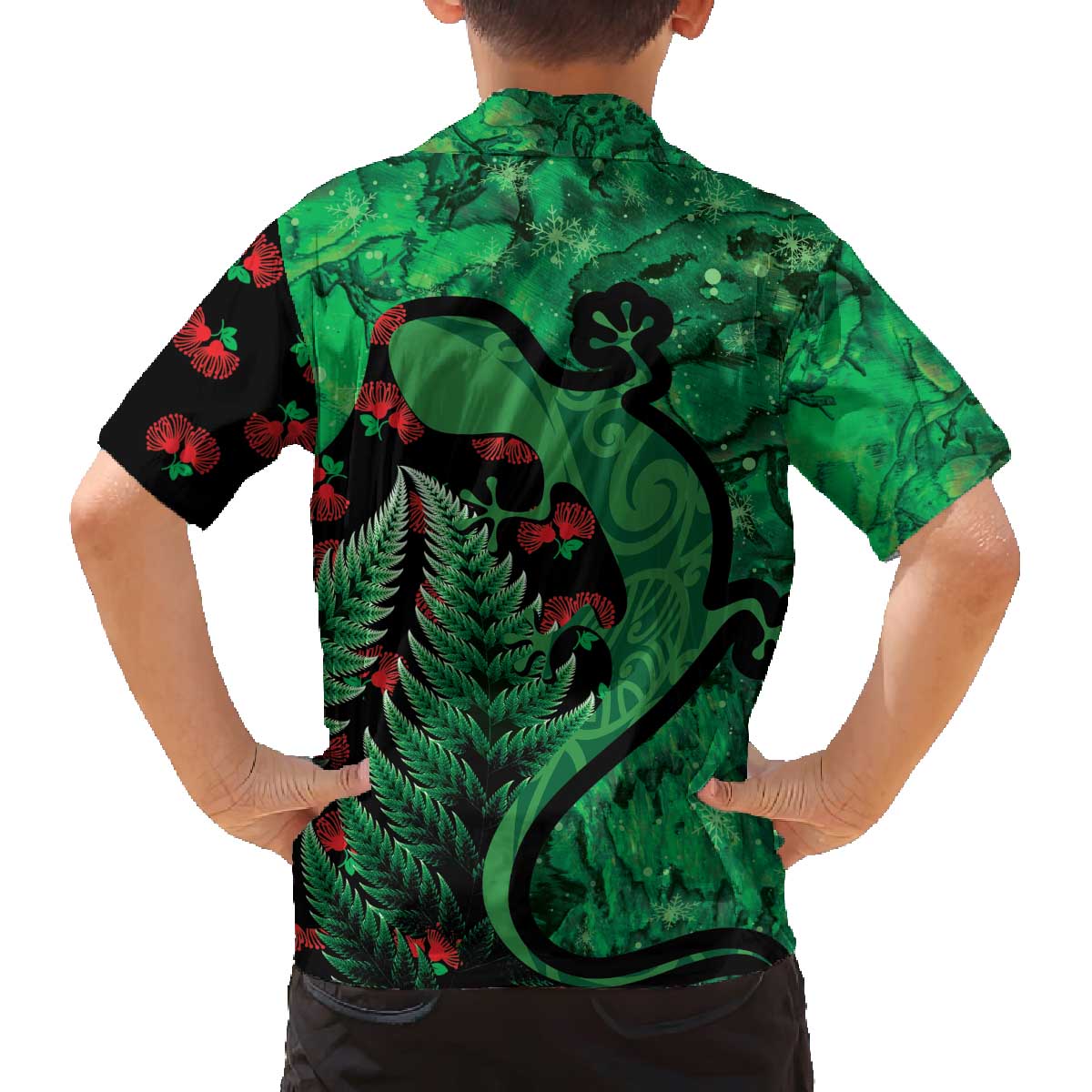 New Zealand Gecko Christmas Family Matching Off The Shoulder Long Sleeve Dress and Hawaiian Shirt Meri Kirihimete Paua Shell Mix Pohutukawa LT14 - Polynesian Pride