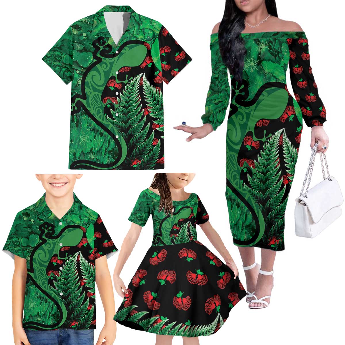 New Zealand Gecko Christmas Family Matching Off The Shoulder Long Sleeve Dress and Hawaiian Shirt Meri Kirihimete Paua Shell Mix Pohutukawa LT14 - Polynesian Pride