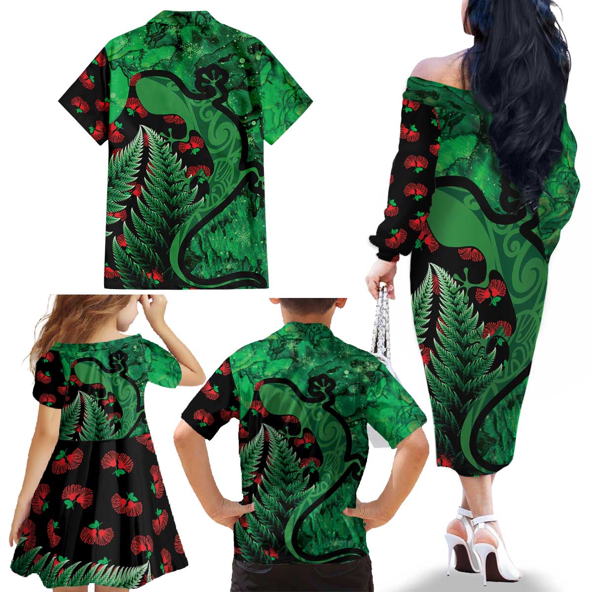 New Zealand Gecko Christmas Family Matching Off The Shoulder Long Sleeve Dress and Hawaiian Shirt Meri Kirihimete Paua Shell Mix Pohutukawa LT14 - Polynesian Pride