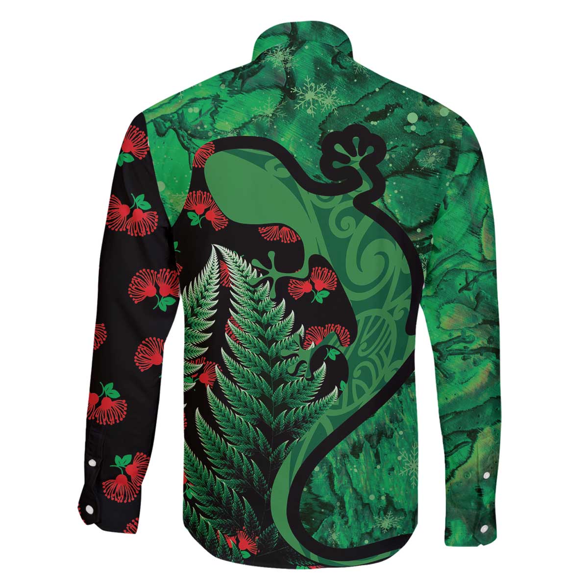 New Zealand Gecko Christmas Family Matching Off The Shoulder Long Sleeve Dress and Hawaiian Shirt Meri Kirihimete Paua Shell Mix Pohutukawa LT14 - Polynesian Pride