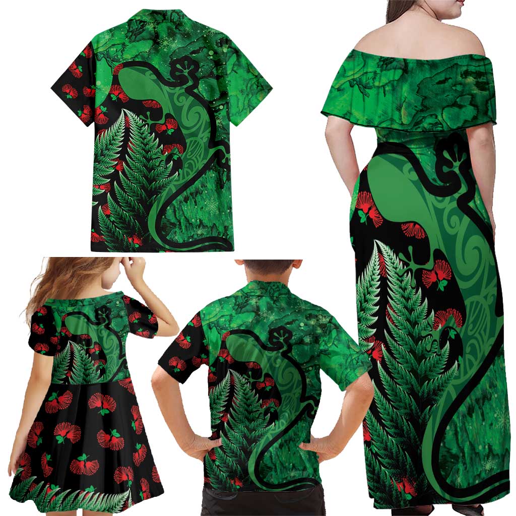 New Zealand Gecko Christmas Family Matching Off Shoulder Maxi Dress and Hawaiian Shirt Meri Kirihimete Paua Shell Mix Pohutukawa LT14 - Polynesian Pride