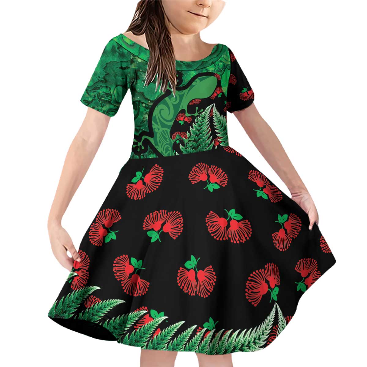 New Zealand Gecko Christmas Family Matching Off Shoulder Short Dress and Hawaiian Shirt Meri Kirihimete Paua Shell Mix Pohutukawa LT14 Daughter's Dress Green - Polynesian Pride