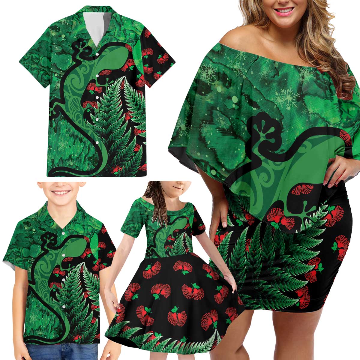 New Zealand Gecko Christmas Family Matching Off Shoulder Short Dress and Hawaiian Shirt Meri Kirihimete Paua Shell Mix Pohutukawa LT14 - Polynesian Pride