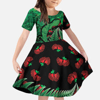 New Zealand Gecko Christmas Family Matching Puletasi and Hawaiian Shirt Meri Kirihimete Paua Shell Mix Pohutukawa LT14 Daughter's Dress Green - Polynesian Pride