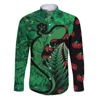 New Zealand Gecko Christmas Family Matching Puletasi and Hawaiian Shirt Meri Kirihimete Paua Shell Mix Pohutukawa LT14 Dad's Shirt - Long Sleeve Green - Polynesian Pride