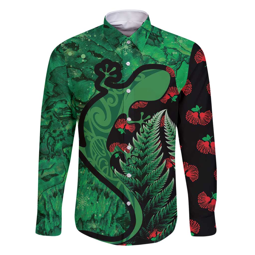 New Zealand Gecko Christmas Family Matching Short Sleeve Bodycon Dress and Hawaiian Shirt Meri Kirihimete Paua Shell Mix Pohutukawa LT14 Dad's Shirt - Long Sleeve Green - Polynesian Pride