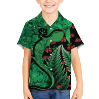 New Zealand Gecko Christmas Family Matching Summer Maxi Dress and Hawaiian Shirt Meri Kirihimete Paua Shell Mix Pohutukawa LT14 Son's Shirt Green - Polynesian Pride